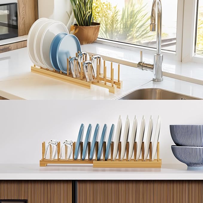 Bamboo Dish Rack - Expandable Plate Rack & Dish Drying Rack for Kitchen Cabinet Storage, Adjustable Multi-Functional Design Organizer for Plates, Cups, Pots, Cutting Boards (Natural Bamboo) 2 PACK