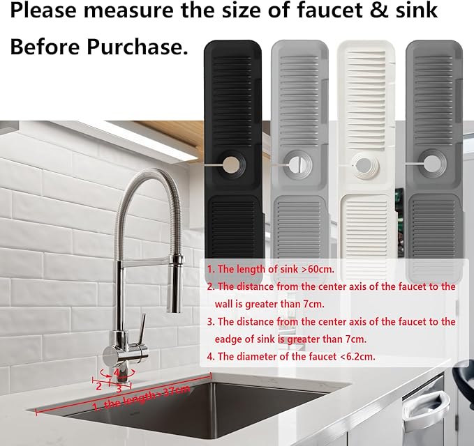 MOODKEY Kitchen Sink Splash Guard Silicone Faucet Handle Drip Catcher Tray Sink Protector for Kitchen Sink Sponge Holder for Kitchen Sink Faucet Mat Fits Faucet Tube within 2.5" (light grey, 24'')
