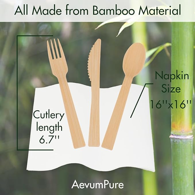 Pre Rolled Napkin and Bamboo Cutlery Set - 30 Sets (120 PCS)Disposable Wrapped Bamboo Utensils (30Compostable Napkins,30Forks,30Spoons,30Knives)-Wooden Silverware/Wrapped Plastic Tableware Alternative