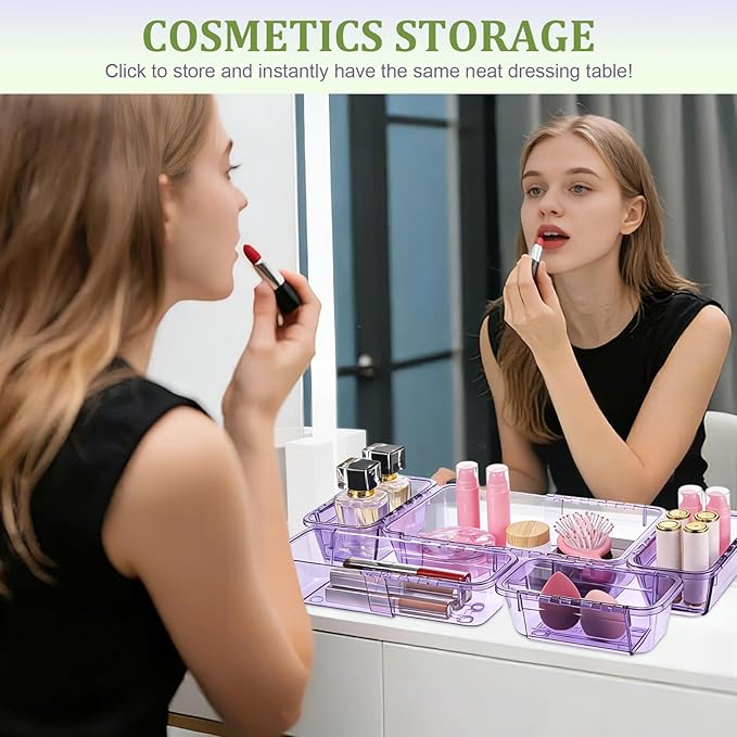 15 Pcs Adjustable Clear Drawer Organizer, All Extendable Vanity Storage Bins, Desk Drawer Organizer Set for Makeup, Cosmetics, Bedroom, and Gadgets, Purple