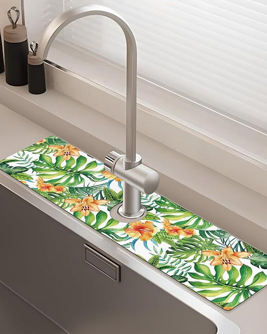 Patterned Sink Faucet Mat Kitchen Splash Guard Super Absorbent Drying Mat, Non-Slip Drain Pad for Kitchen Counter or Bathroom-24x5.5in