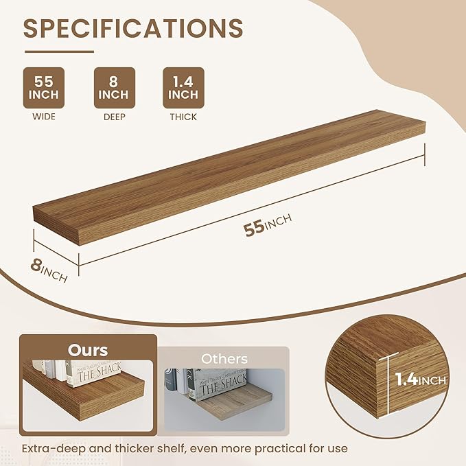 Dreamland 55 Inches Floating Shelves for Wall, 8" Deep Long Floating Shelves Set of 1, Large Display & Storage Shelf, Wall Shelf for Bathroom Bedroom Living Room Kitchen Office, Walnut