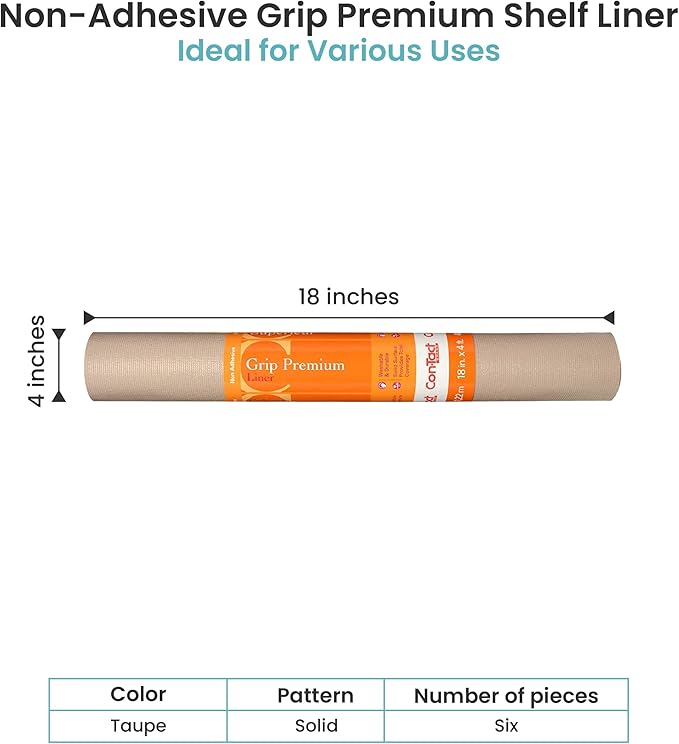 Con-Tact Brand Grip Premium Thick Shelf Liner - Versatile 18-inches x 4-feet Durable Non-Adhesive Non-Slip Drawer and Cabinet Liner in Taupe - Pack of 6 Rolls
