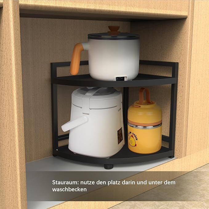 HUIJIN RA01 90° Corner Shelf for Kitchen - Space-Saving Spice Rack, Pot & Pan Organizer, Under Sink Storage - Sturdy Iron Tiered Shelves-2 Tier