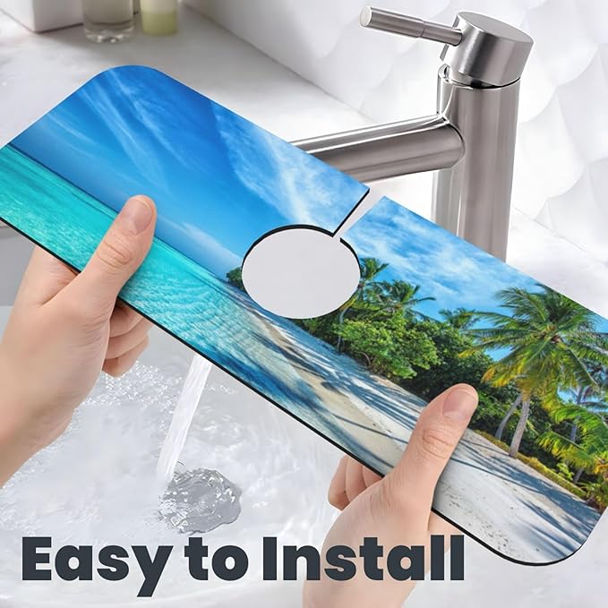 Beach Tropical Palm Tree Waves Travel Island Kitchen Sink Splash Guard Faucet Mat Super Absorbent Fast Drying Mat Sink Gadgets-Fast Drying Pad Sink Mat For Kitchen Bathroom (15" X 5.5" )