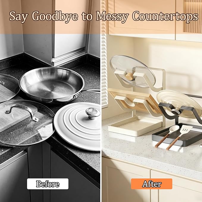 Kitchen Pot Lid Organizer Countertop - Carbon Steel Spoon Rest, Cutting Board Holder with Drip Tray, Rust-Resistant Farmhouse Storage Rack (B-Gray Double-layer)