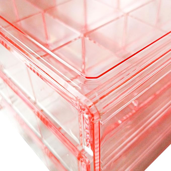 Acrylic Earrings Jewelry Organizer with 3 Drawers 72 grids, Stackable Necklace Rings Display Storage Case Box Holder, Clear pink
