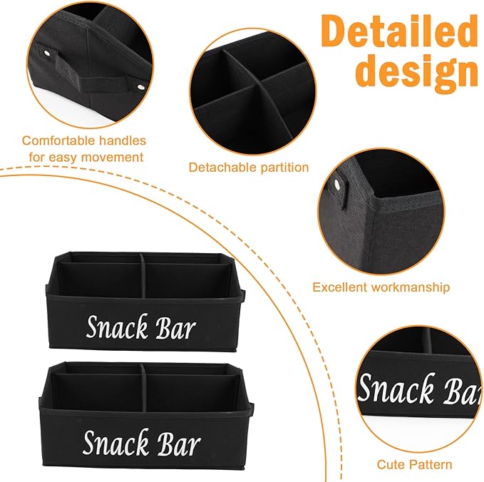 2 Pack Snack Organizer for Countertop, Fabric Snack Basket with Handles, 4 Compartment Snack Box Container, Snack Bar Station Decor, Kitchen Cabinet Pantry Organizer and Storage (Black)