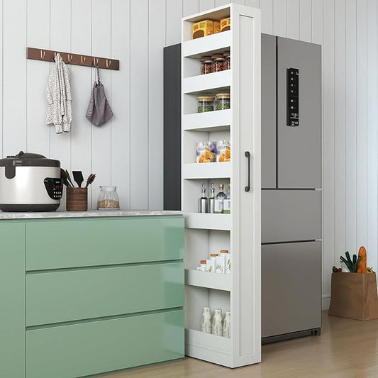 7 Tier Slim Storage Cart, Rolling Spice Rack Next to Fridge Slim, Wooden Narrow Buffet Server Storage Shelf Freestanding Shelves Units, For Living Room & Narrow Spaces (15.75*7.87*70.75in)
