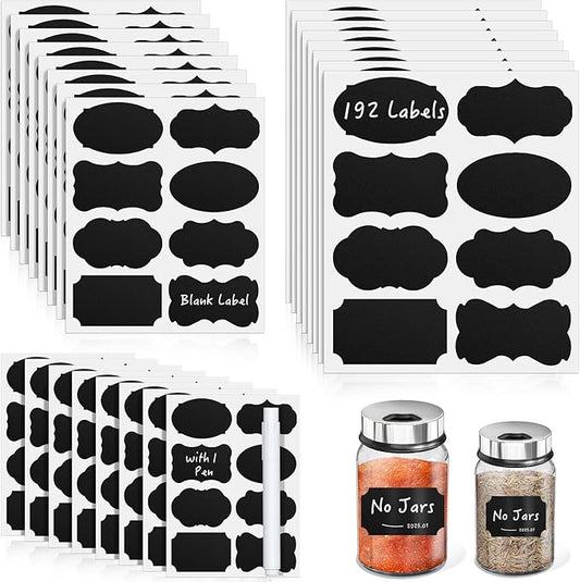 Segarty Labels for Spice Jars, 192 Pcs Assorted Shape Blank Label Stickers with 1 Chalk Marker for Food Container, Waterproof Chalkboard Stickers for Glass Mason, Bottle, Canisters, Storage Bin