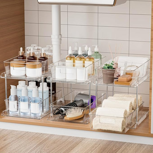 3-Pack Pull-Out Home Organizers, 2 Tier Clear Bathroom Organizer with Dividers, Multipurpose Vanity Counter Tray, Kitchen, Closet Organizers and Storage Container Bins for Cabinet, Pantry