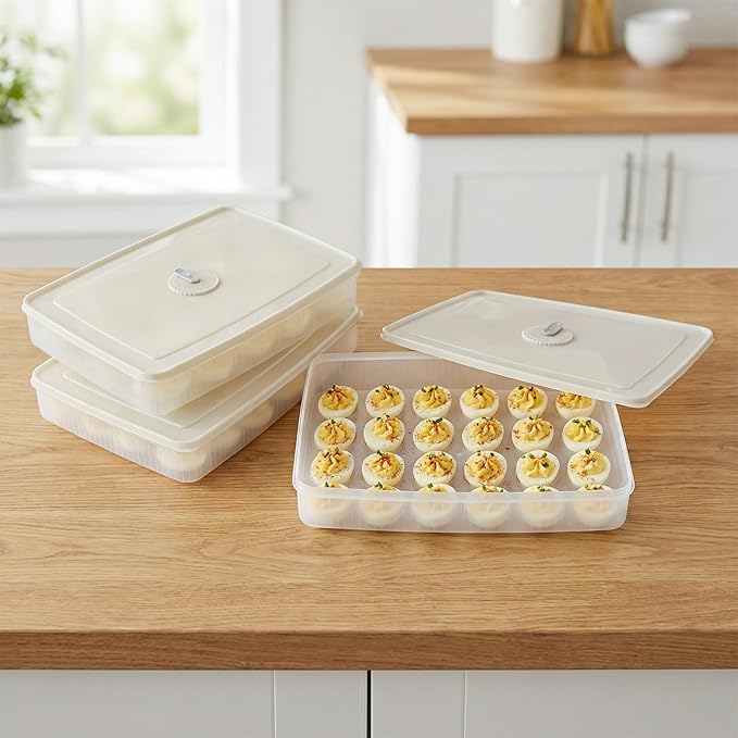 3Pack Deviled Egg Containers with Lid,Plastic Egg Container for Refrigerator with Handle,Deviled Egg Carrier for 72 Eggs,Kitchen,Festival Party, Stackable Egg Holder for Fridge (White)