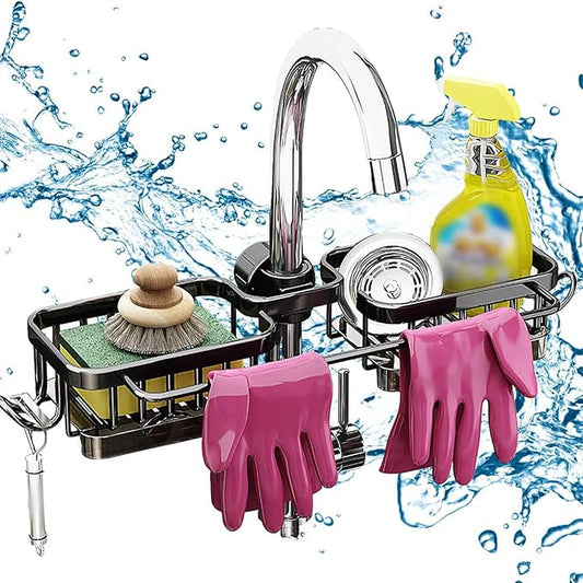 DURAUSE Kitchen Sink Faucet Organizer Multifunction Sponge Holder Organizer Sink Drain Holder Over Faucet Kitchen Sink Caddy with Hook Adjustable for 0.7-1.1inch Round Water Pipe (Black, B)