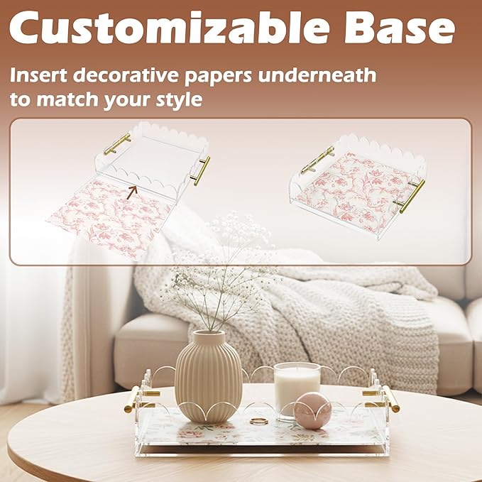 Scalloped Acrylic Tray with Metal Handles,12" x 12" Clear Acrylic Display Tray with Pull-Out Drawer for Photos, Art Prints, Postcards, Decorative Organizer Trays for Vanity,Home,Office