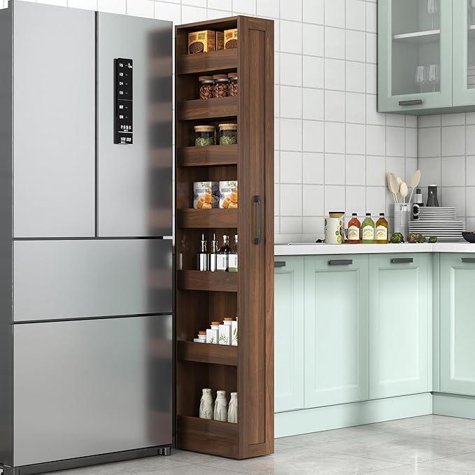 7 Tier Pull-Out Storage Cabinet with Handle & Wheels, Tall Narrow Spice Rack Next to Fridge, Wood Food Pantry for Kitchen, Dining Room, Walnut