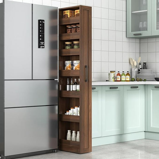 7 Tier Pull-Out Storage Cabinet with Handle & Wheels, Tall Narrow Spice Rack Next to Fridge, Wood Food Pantry for Kitchen, Dining Room, Walnut