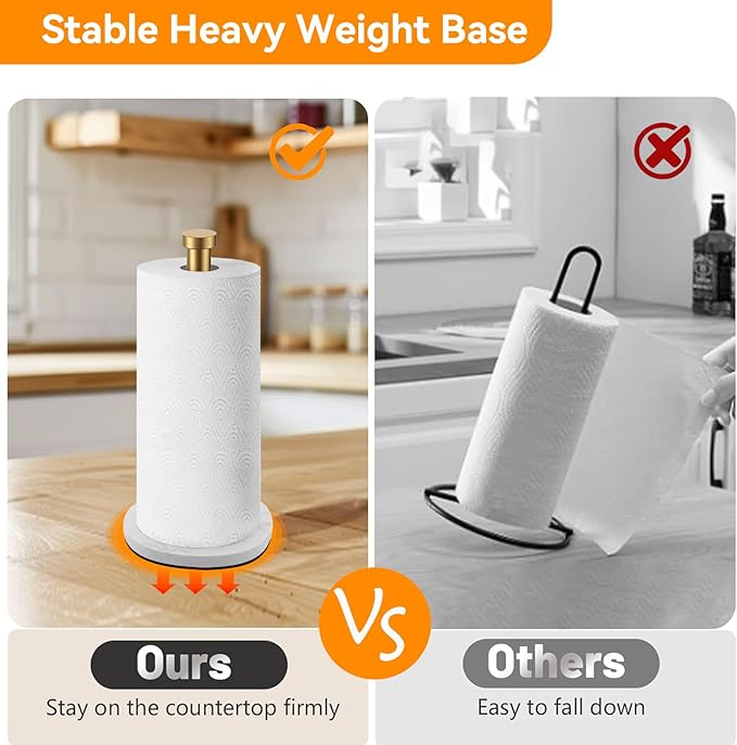 Gold Paper Towel Holder, Standing Paper Towel Holder with Weighted Marble Base for Kitchen Bathroom, Countertop Marble Paper Towel Roll Holder for Standard or Jumbo-Sized