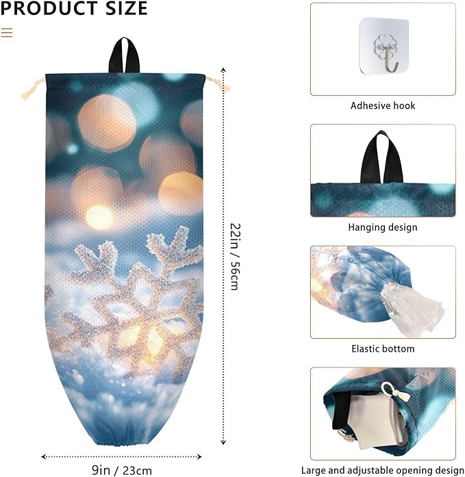 Plastic Bag Holder Wall Mount Grocery Bag Shopping Bag Storage Holder Organizer Dispenser with Adhesive Hook,for Kitchen Bathroom Home Decor 9x22 Inches Christmas Snowflakes Lights Blue40