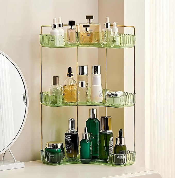 3-Tier Corner Bathroom Counter Organizer, Plastic Countertop Makeup Organizer, Large Capacity Vanity Bathroom Perfume Shelf Rack for Kitchen Office Desktop (Green)
