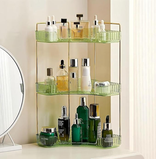 3-Tier Corner Bathroom Counter Organizer, Plastic Countertop Makeup Organizer, Large Capacity Vanity Bathroom Perfume Shelf Rack for Kitchen Office Desktop (Green)