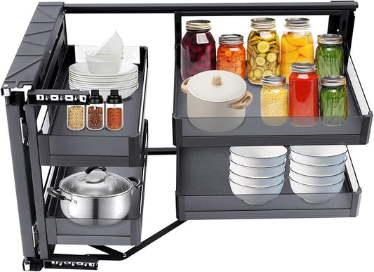 Blind Corner Cabinet Pull Out for 14'' Organizer, 2 Tiers Swing Tray Kitchen Cabinet w/4 Adjustable Height Baskets, Roller Glides Detachable Magic Corner Pull Out Left or Right Handed Open, Soft Close
