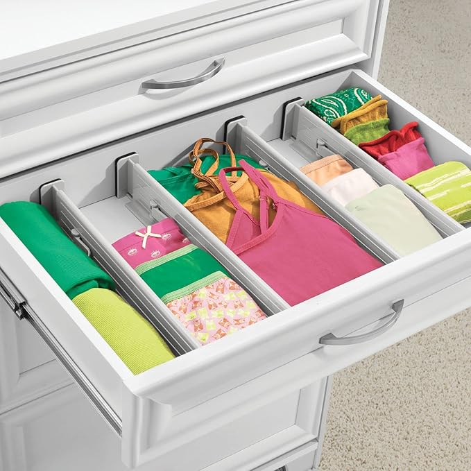 mDesign Expandable Dresser Drawer Divider with Foam Ends, Drawer Divider Locks in Place, Separators for Clothing and Accessories in Closet or Dresser Drawer, Ligne Collection, 4 Pack, Stone