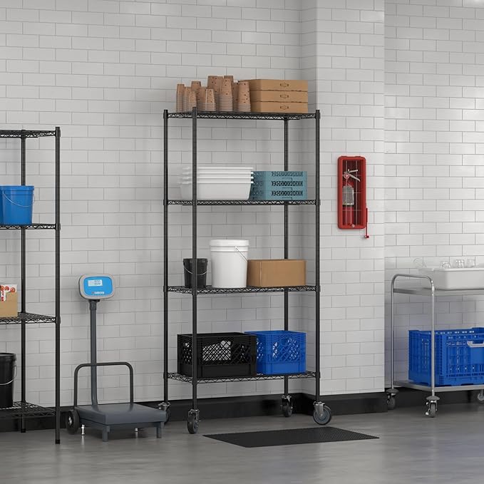 Commercial NSF Listed Black Epoxy Mobile Wire Shelving Kit 18" x 36" x 80", with 4 Shelves Perfect for Warehouse, Walk-in Refrigerator, Freezer, Grocery Store, Restaurant, Dishroom