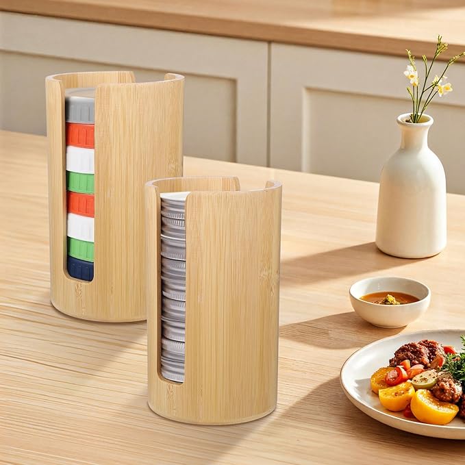 2 PCS Mason Jar Lid Organizer Vertical Bamboo Storage Cup Lid Holder Mason Jar Accessories Suitable for Canning Bamboo Lids for Home Kitchen