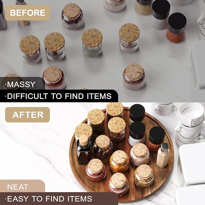 Lazy Susan Organizer for Kitchen,Acacia Wood Turntable for Cabinet, Pantry, Table, Countertop, Vanity, Spice Rack（Large）