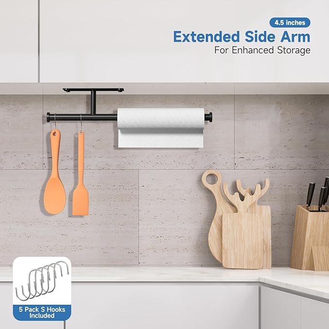 Dual-Purpose Paper Towel Holder Under Cabinet, Upgrade with 4.7in Extended and 5pcs S-Hooks, Adhesive or Screw Wall Mount, Stainless Steel Under Counter Paper Roll Holder for Kitchen Garage (Black)
