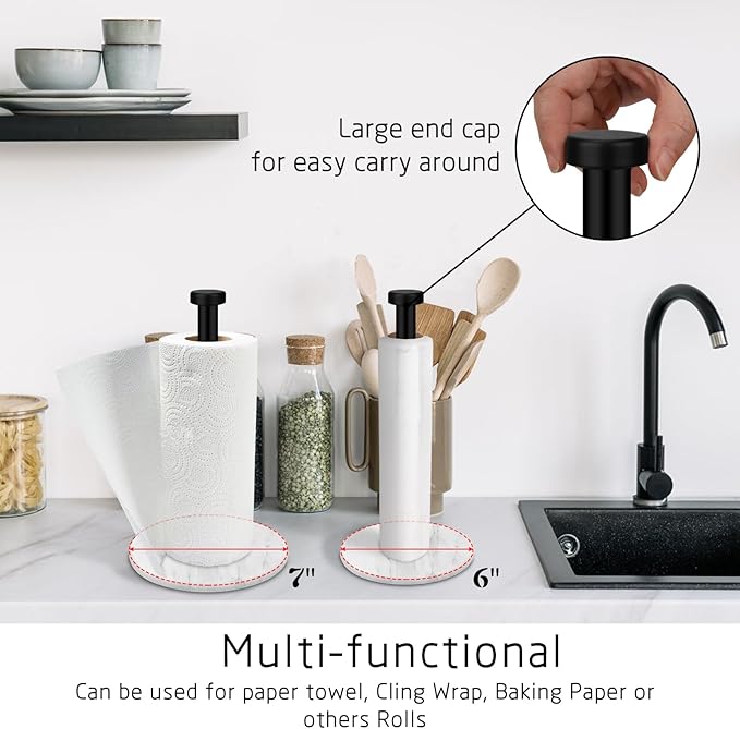 Paper Towel Holder Countertop with 7" Weighted White Marble Base - Modern Free Standing Paper Roll Holder, Matte Black Stainless Steel Stand Paper Towel Holder for Kitchen and Bathroom