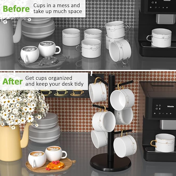 Wisuce Black Coffee Mug Tree, Updated Thick Bamboo Mug Holder Base,Coffee Cup Stand Mug Holders with 6 Hooks for Countertop Cup Rack Organizer Stand (Black)