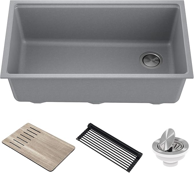 KRAUS Kitchen Sink Bellucci 32” Undermount Workstation Granite, Metallic Gray, Accessories, KGUW2-33MGR