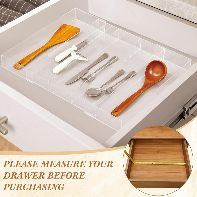 1 Pack Expandable Kitchen Drawer Organizer Clear Acrylic Utensil Organizer Adjustable Acrylic Silverware Storage for Drawers Silverware Flatware Knives (12 x 16 Inches,3-5 Compartments)