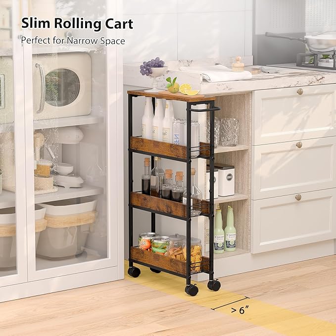 4 Tier Slim Rolling Storage Cart Narrow Space Utility Cart with Handle Metal Frame with Wood Top Table Sturdy Cart Organizers and Storage for Kitchen Bathroom Laundry Office, 5.1 Inches Deep Black