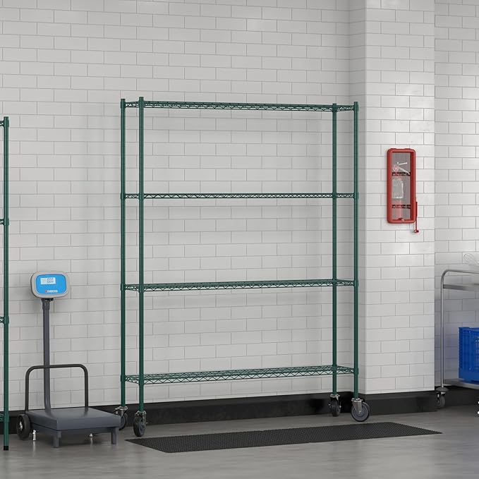 Commercial NSF Listed Green Epoxy Mobile Wire Shelving Kit 12" x 60" x 80", with 4 Shelves Perfect for Warehouse, Walk-in Refrigerator, Freezer, Grocery Store, Restaurant, Dishroom
