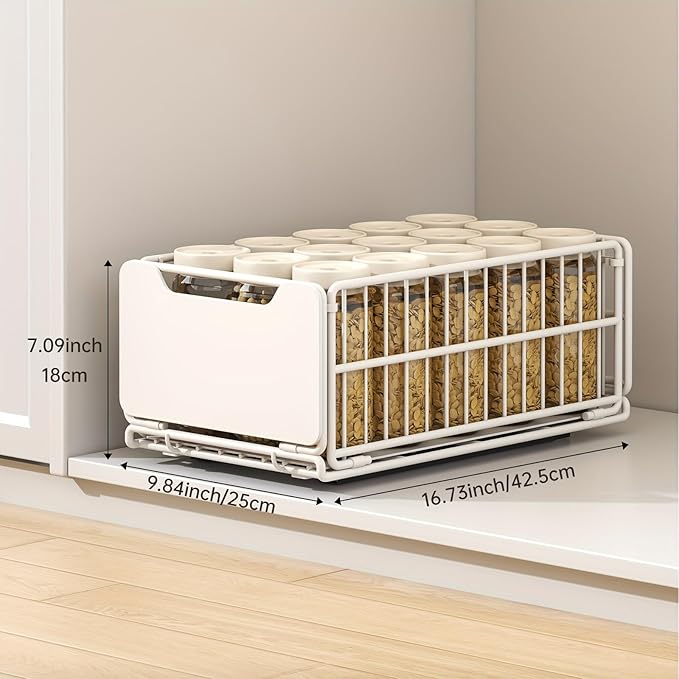 Pull Out Cabinet Organizer Fixed with Adhesive Nano Film, 1 Pack Sliding Mesh Cabinet Basket with Handle, Heavy Duty Slide out Pantry Shelves Drawer Storage for Home, Kitchen, Bathroom, Cream