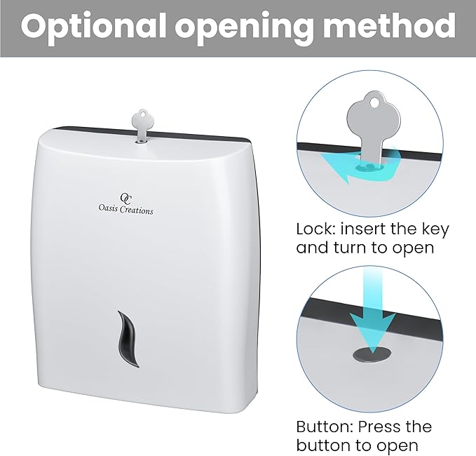 Touchless White Paper Towel Dispenser by Oasis Creations-Wall Mount Hanging Hand Towel Holder- Hands Free-500 Multifold Tissues-Bathroom & Kitchen Accessories-Key Lock Feature-Restaurant & Office