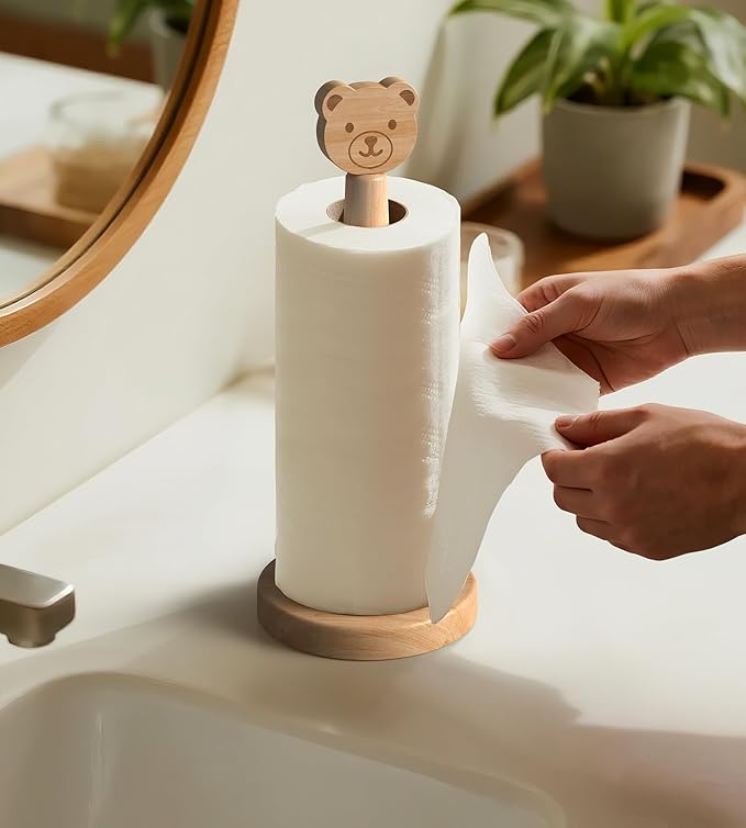 KitchLife Cute Wooden Paper Towel Holder Countertop - Solid Freestanding Paper Towel Dispenser Stand Organizer with Anti-Skid Base (Bear)