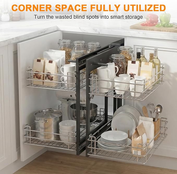 Left & Right Blind Corner Cabinet Organizer 2 Tier Wire Bottom Storage Basket 4 Shelves Conseal Corner Pull Out Shelf for Bowls Dishes Seasoning Bottle