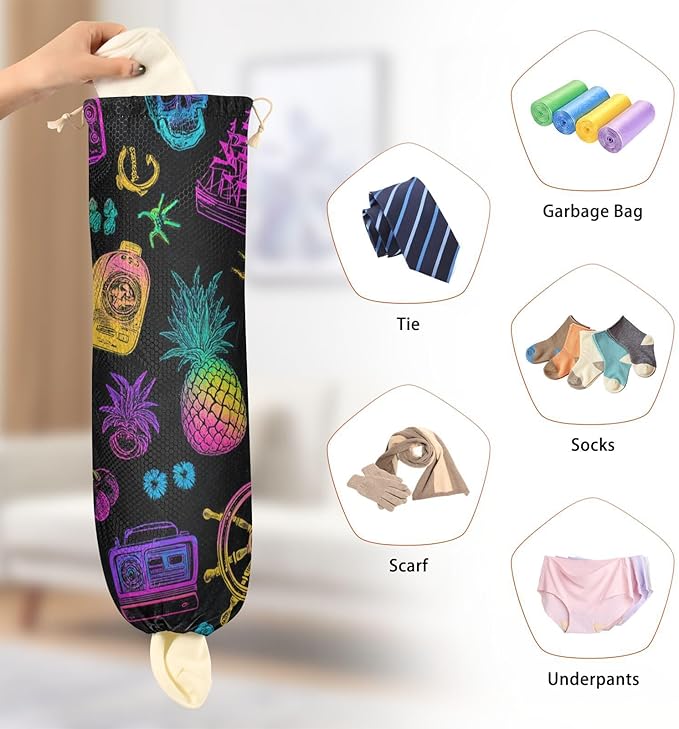 Plastic Bag Holder Wall Mount Grocery Bag Shopping Bag Storage Holder Organizer Dispenser with Adhesive Hook,for Kitchen Bathroom Home Decor 9x22 Inches Neon Ships Pineapple Skull Black27