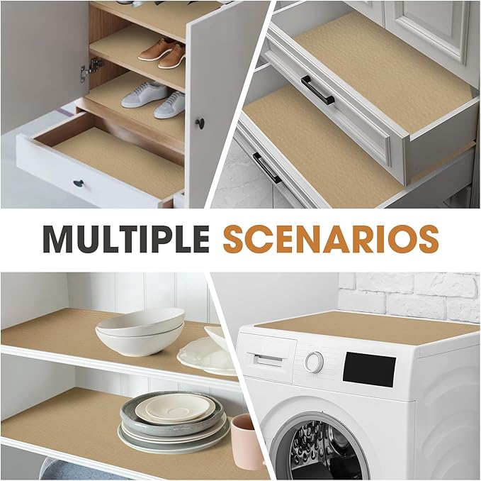 ALIUNI Drawer and Shelf Liner, Non-Slip Kitchen Cabinet Liners Non-Adhesive Thick Strong Grip Waterproof Washable Mats Protect Dresser Shelves Cupboard Bathroom Cabinets, Beige, 18 in X 10 FT