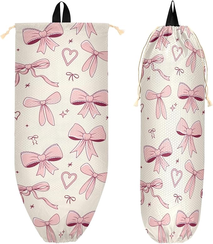 Plastic Bag Holder Wall Mount Grocery Bag Shopping Bag Storage Holder Organizer Dispenser with Adhesive Hook,for Kitchen Bathroom Home Decor 9x22 Inches Cute Pink Bowknot08