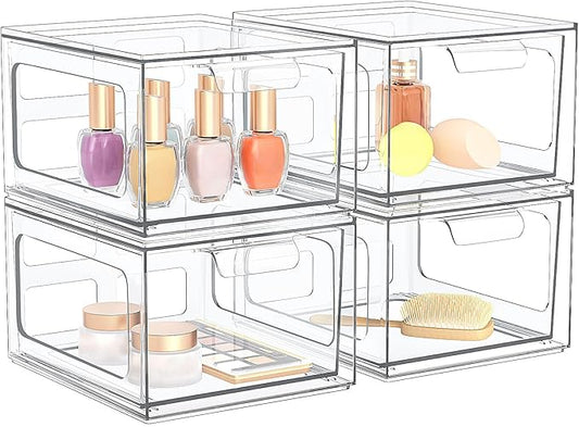 4 Pack Stackable Plastic Makeup Organizer Drawers, Acrylic Organizers, Clear Storage Bins with Pull-Out Handles for Vanity, Kitchen Cabinets, Pantry