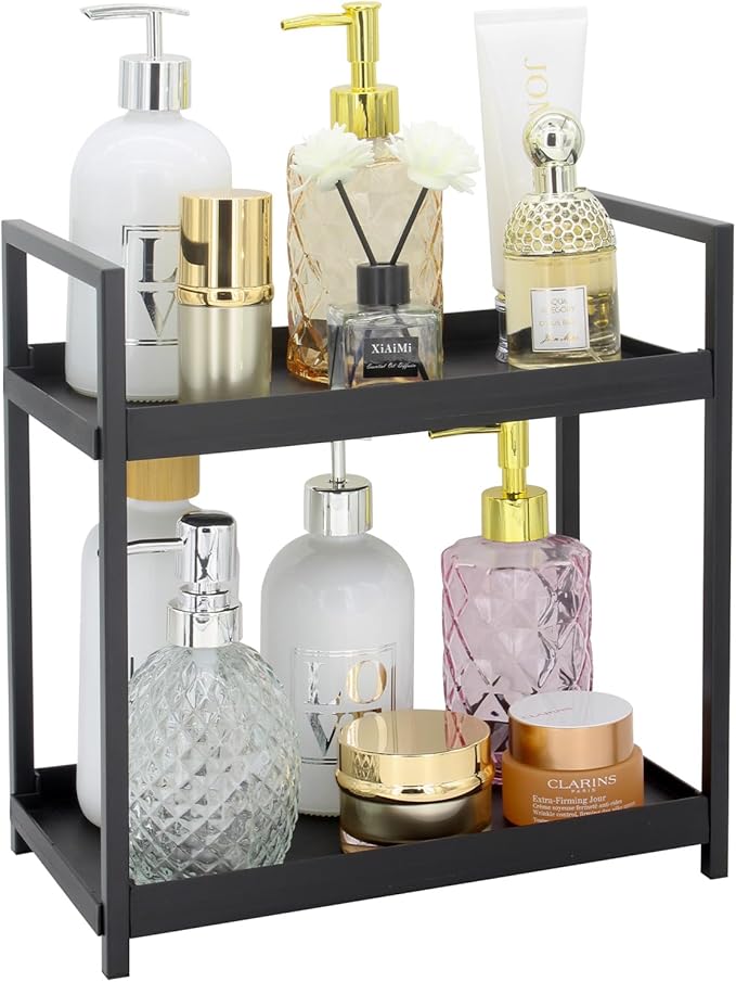 2-Tier Countertop Organizer for Bathroom – Cosmetic Organizer Rack and Storage Shelf for Bedrooms, Offices, Kitchen Counters, and Under Sinks (Black)