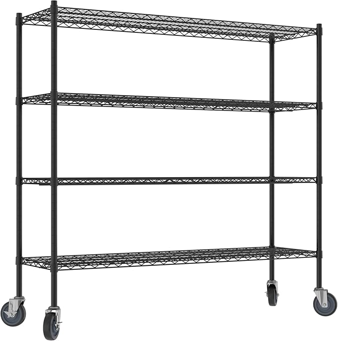 Commercial NSF Listed Black Epoxy Mobile Wire Shelving Kit 18" x 60" x 60", with 4 Shelves Perfect for Warehouse, Walk-in Refrigerator, Freezer, Grocery Store, Restaurant, Dishroom