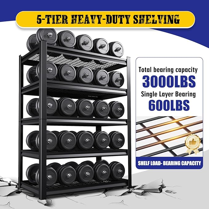 45.6"W Garage Shelving Heavy Duty Storage Shelves, 5-Tier Adjustable Metal Shelving Unit, Utility Garage Organizer Shelf for Basement, Pantry, Warehouse, Supermarket, 45.6" W x 19.7" D x 78" H