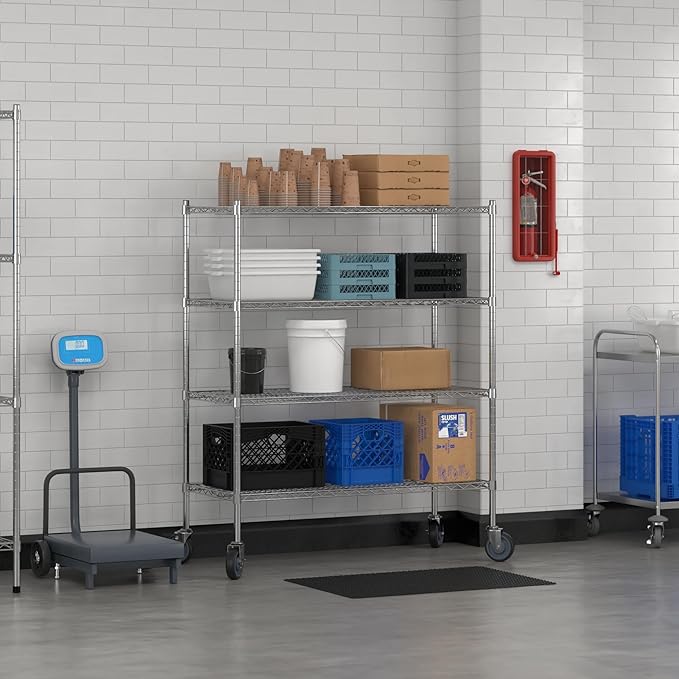 Commercial NSF Listed Chrome Mobile Wire Shelving Kit 21" x 48" x 60", with 4 Shelves Perfect for Warehouse, Walk-in Refrigerator, Freezer, Grocery Store, Restaurant, Dishroom