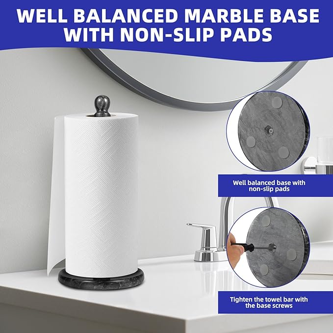 Handmade Marble Paper Towel Holder - 12" Upright Paper Roll Dispenser with Heavy Non-Slip Base for Easy One-Handed Tear - Ideal for Kitchen Countertops, Cabinets, and Bathrooms
