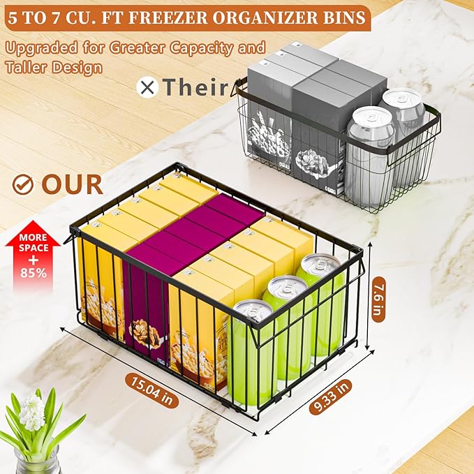 Large Freezer Organizer Bins, Upgrade One-Touch Open/Close, 4 Pack Big Stackable Deep Freezer Organizer Bins, Black Wire Foldable Baskets with Handles, for 5 to 7 Cu.FT Deep Freezer Sort Frozen Meats